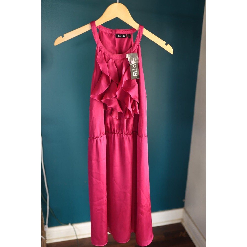 Apt 9 Dress NWT Womens 10 Hot Pink Halter Top Fit Flare Ruffle Sleeveless